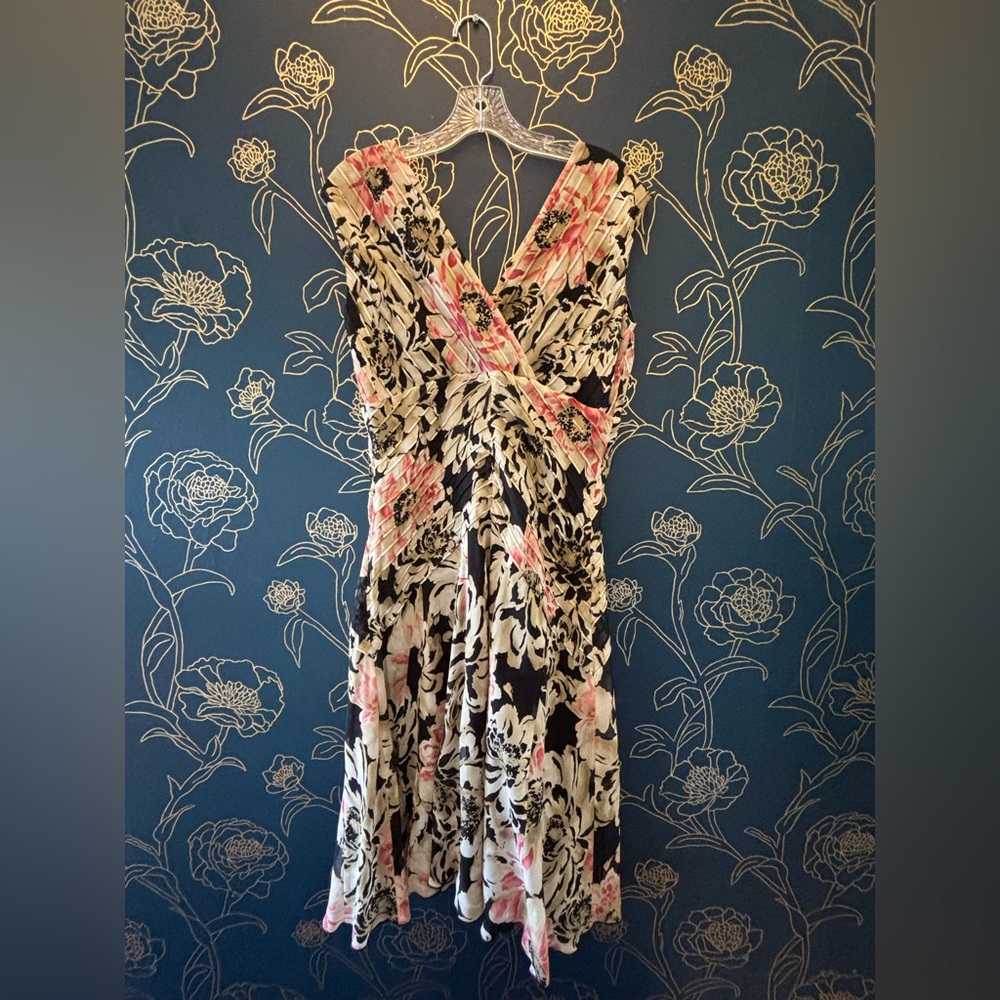Vintage 90s Y2K Jones New York Floral Silk Midi Dress Size 10 black & pink - Picture 2 of 7